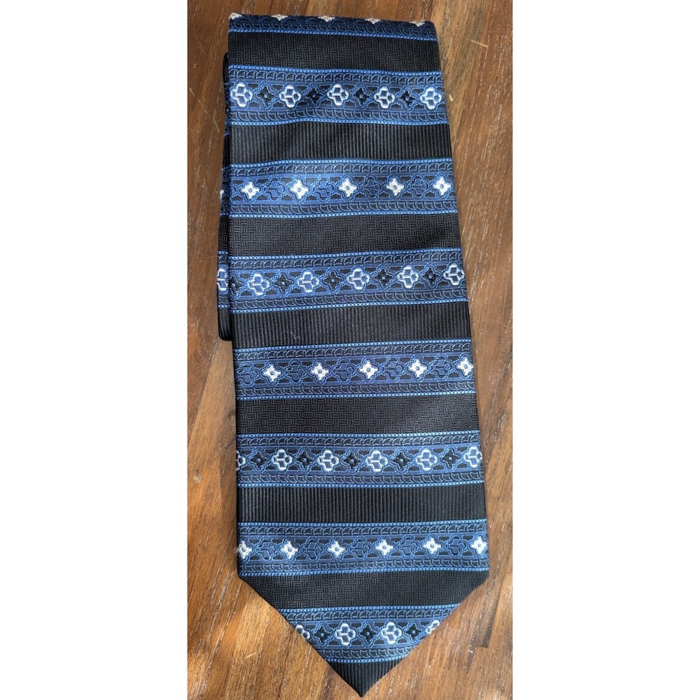 Vintage Christian Dior‎ Monsieur Silk Tie Geometric Striped Black Blue